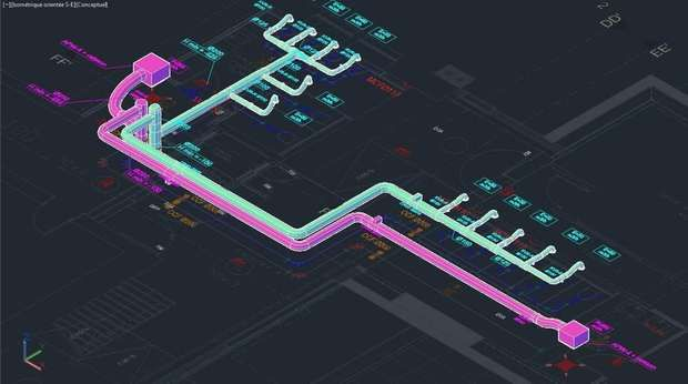 Plan d'exécution 3D d'un réseau de ventilation